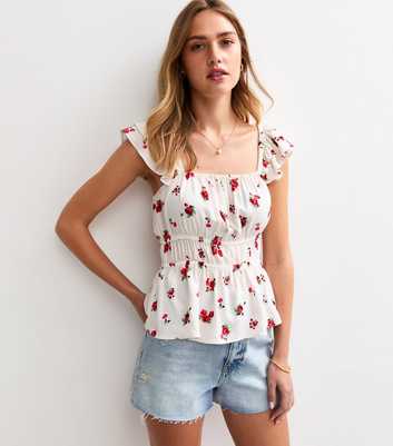 Red Rose Print Shirred Waist Tea Top