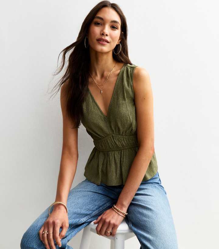 Dark Khaki Textured V Neck Shirred Waist Top