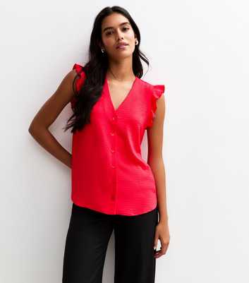 Red Ruffle Trim Button Up Top 