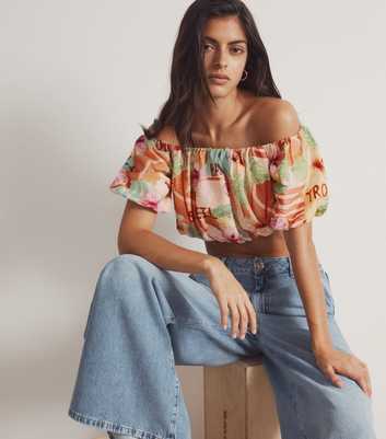 Orange Tropical Print Off Shoulder Textured Cropped Top