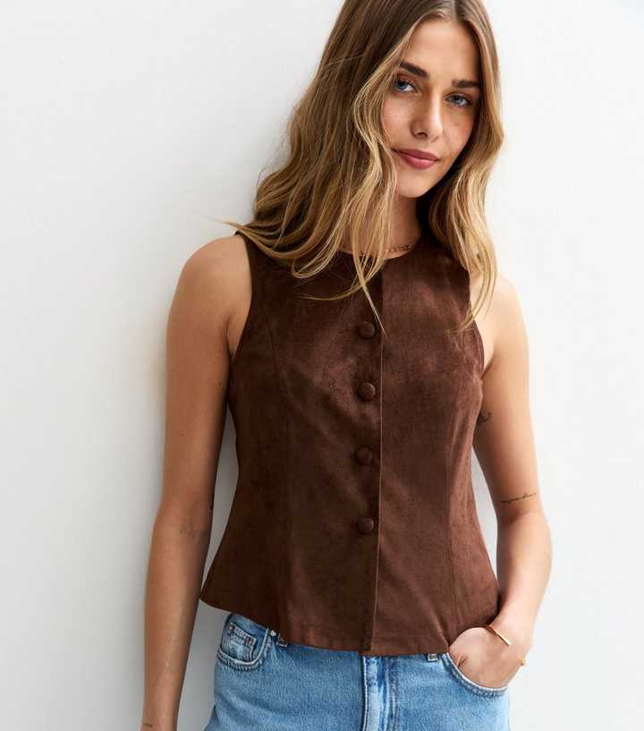Brown Faux Suede Button Front Waistcoat 