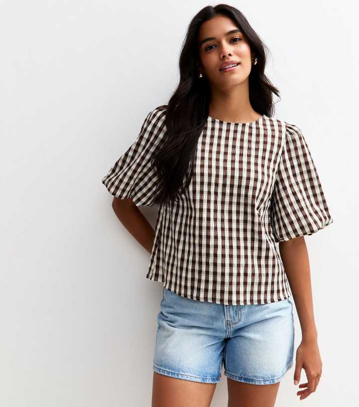 Brown Check Pattern Bow Back Puff Sleeve Top