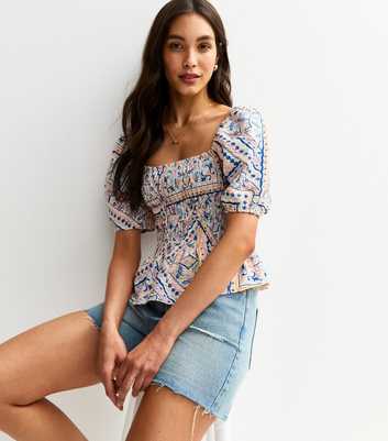 Blue Scarf Print Shirred Top