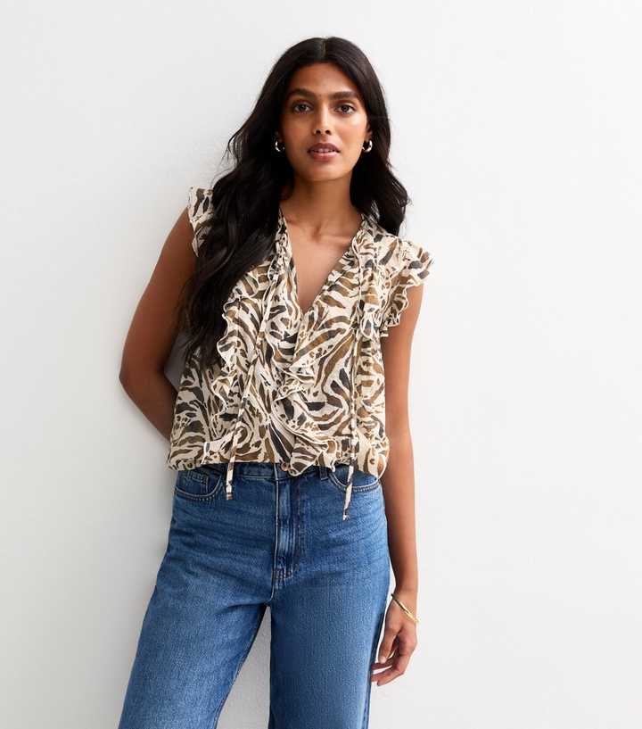 Brown Zebra Print Ruffle Trim Sleeveless Blouse 