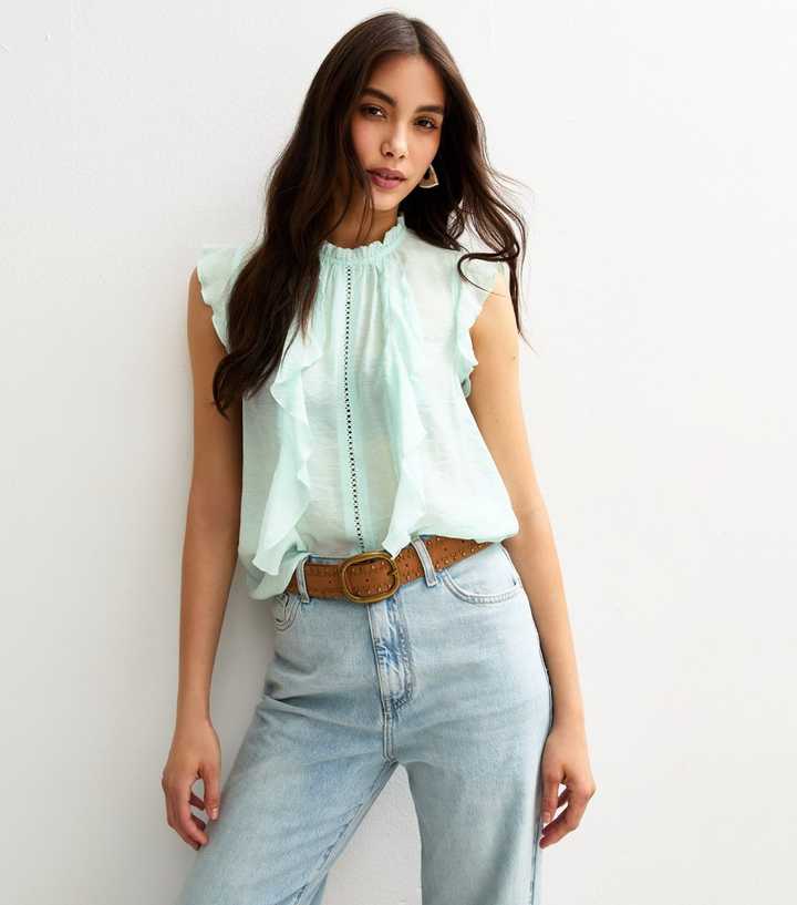 Light Blue Crinkled Lace Trim Ruffled Sleeveless Top 