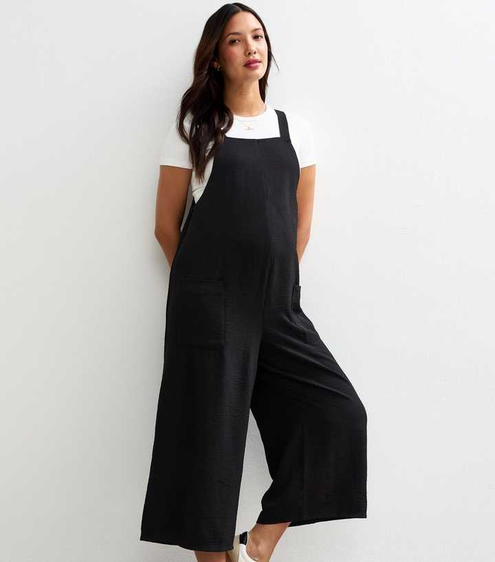 Maternity Black Crinkle Texture Cropped Leg Jumpsuit