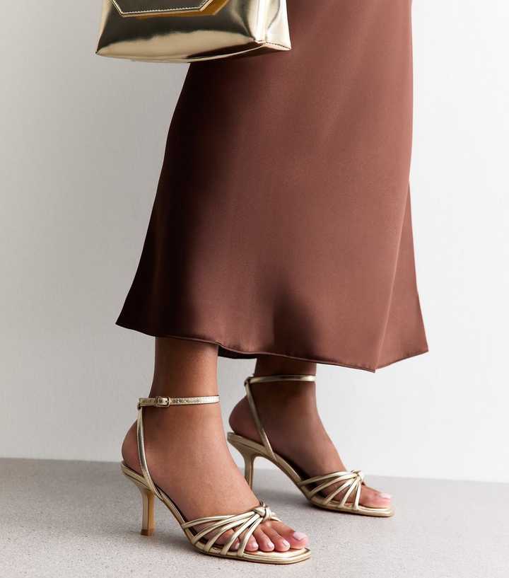 Gold Faux Leather Knot Detail Low Stiletto Sandals