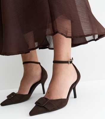 Dark Brown Buckle Front Stiletto Open Court Shoes