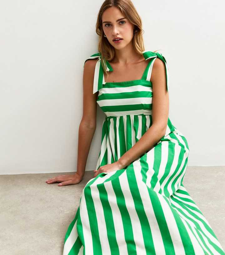 Green Striped Tie Strap Midi Dress