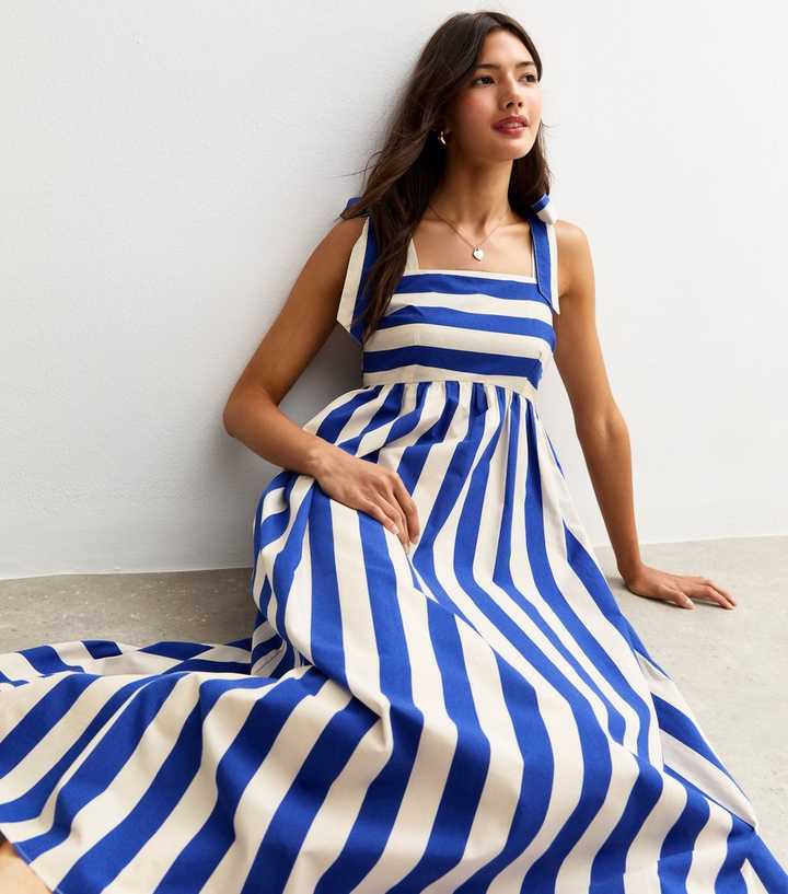 princess polly baby blue dress Curves Brown and Blue Stripe Shirred Midi Dress