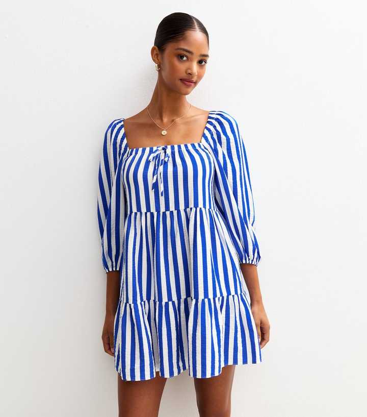 Blue Striped Smock Tiered Mini Dress