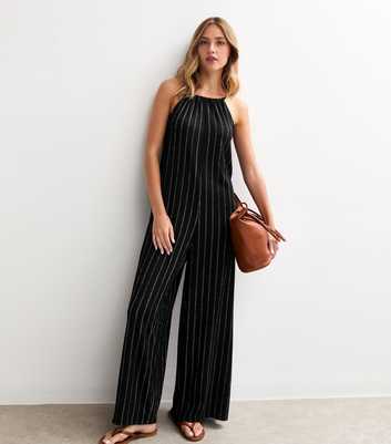 Black Stitched Stripe Wide Leg Jumpsuit 