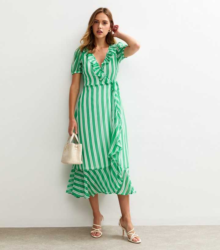 Green Stripe Print Chiffon Wrap Midi Dress
