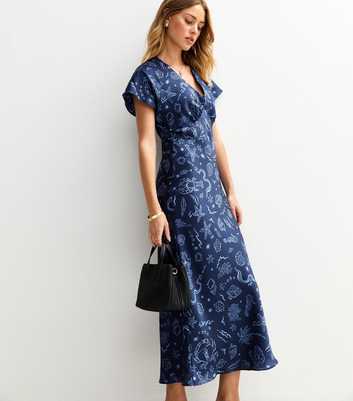 Navy Shell Print Satin V-Neck Midi Dress