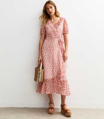 Pink Rose Print Chiffon Wrap Midi Dress