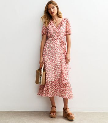 Pink Rose Print Chiffon Wrap Midi Dress | New Look