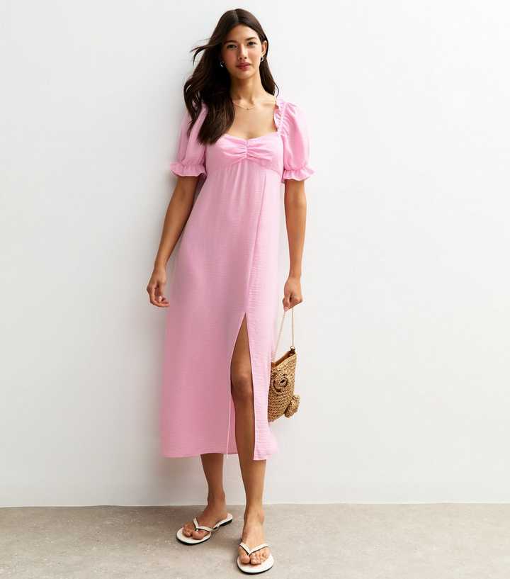Pink Milkmaid Puff Sleeve Midi Dress
