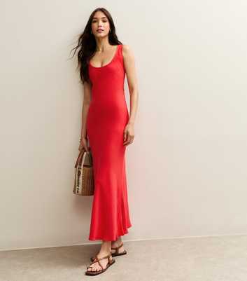 Bright Red Scoop Neck Linen Look Midaxi Dress