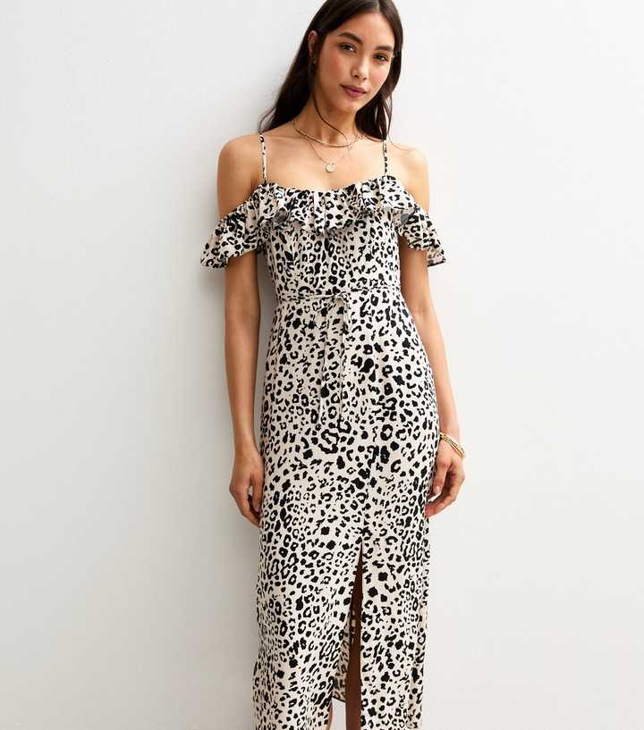 Brown Leopard Print Frill Trim Cold Shoulder Midi Dress