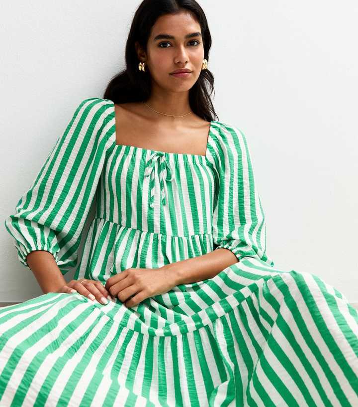 Green Stripe Print Tiered Hem Midi Dress | New Look