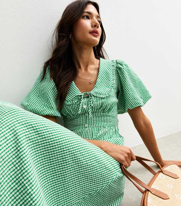 Green Gingham Crinkled Texture Collared Puff Sleeve Midi Dress | New Look