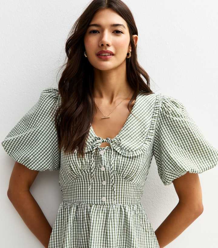 Green Gingham Crinkle Texture Collared Puff Sleeve Mini Dress