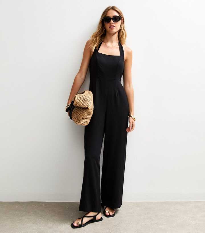 Black Linen Look Halterneck Wide Leg Jumpsuit