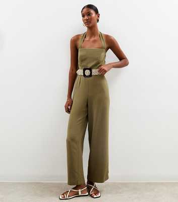 Dark Khaki Linen Look Halterneck Wide Leg Jumpsuit