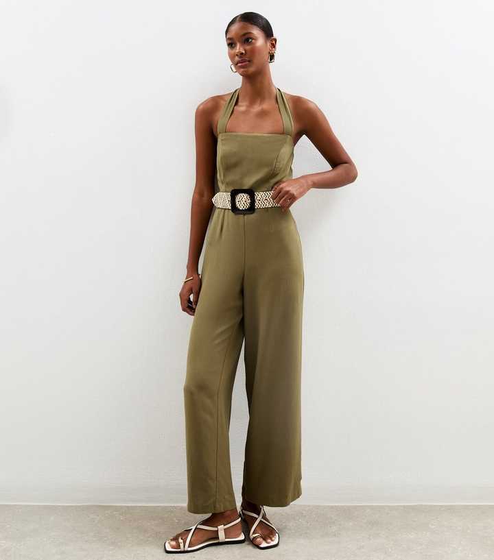 Dark Khaki Linen Look Halterneck Wide Leg Jumpsuit