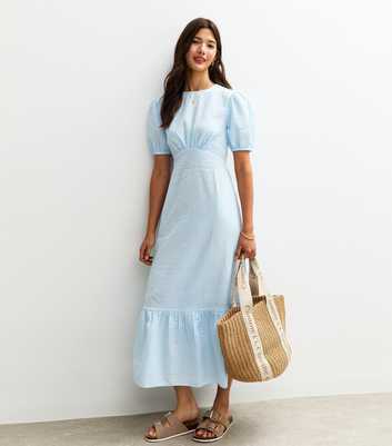 Blue Gingham Print Crinkle Midi Dress