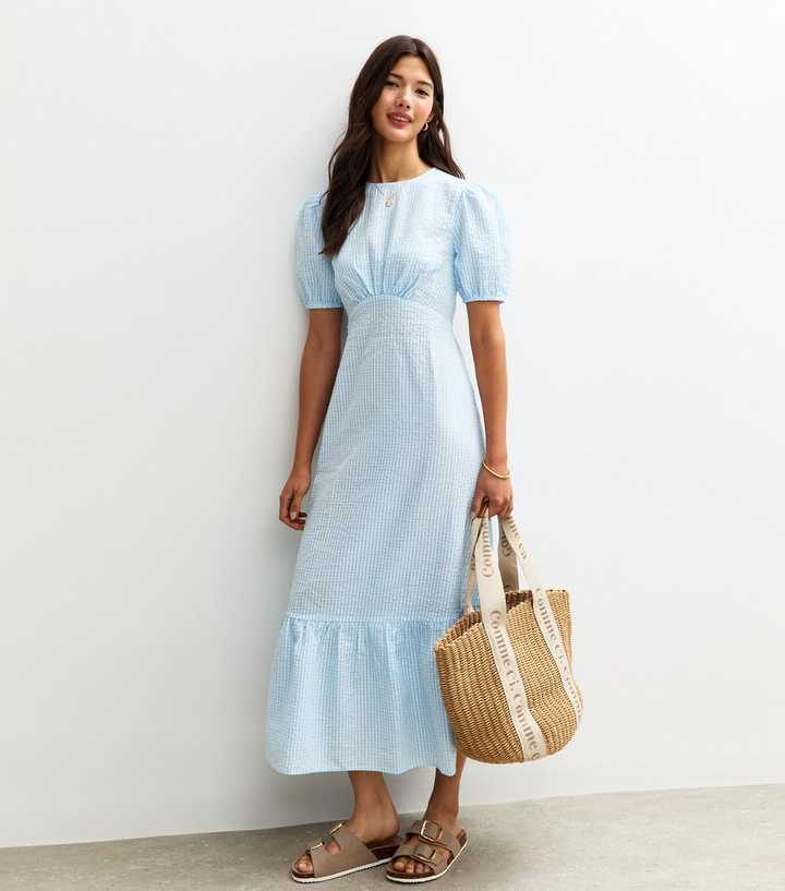 Blue Gingham Print Crinkle Midi Dress