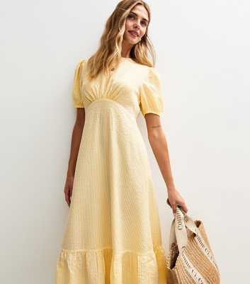 Yellow Gingham Print Crinkle Midi Dress