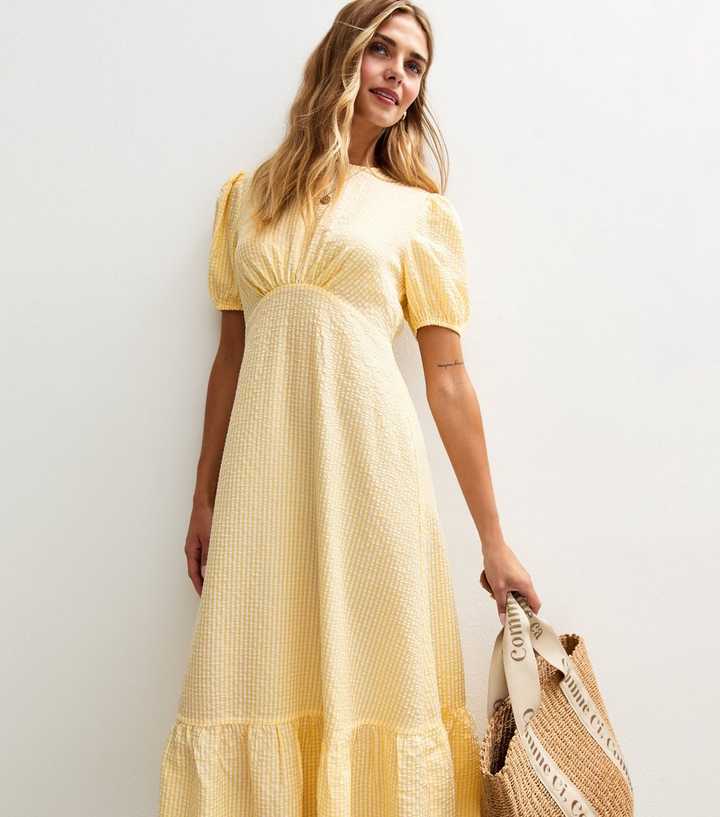 Yellow Gingham Print Crinkle Midi Dress