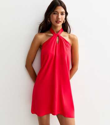 Red Linen Look Halterneck Mini Dress