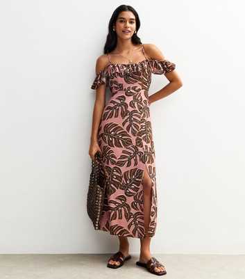 Pink Leaf Print Cold Shoulder Frill Trim Midi Dress