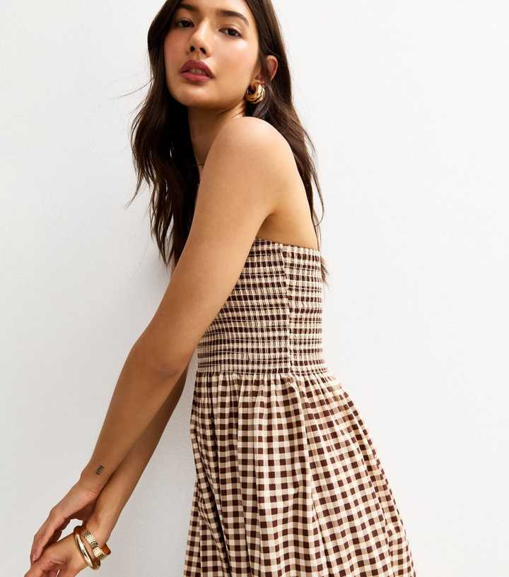 Brown Gingham Check Bandeau Midi Dress | New Look
