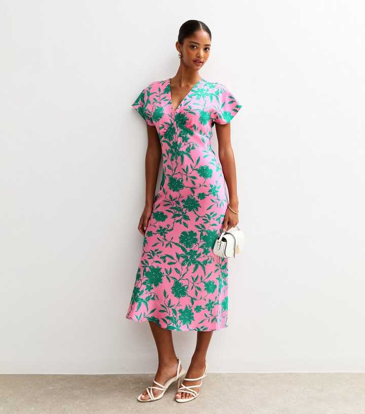 Pink Floral Print Satin V-Neck Midi Dress | New Look