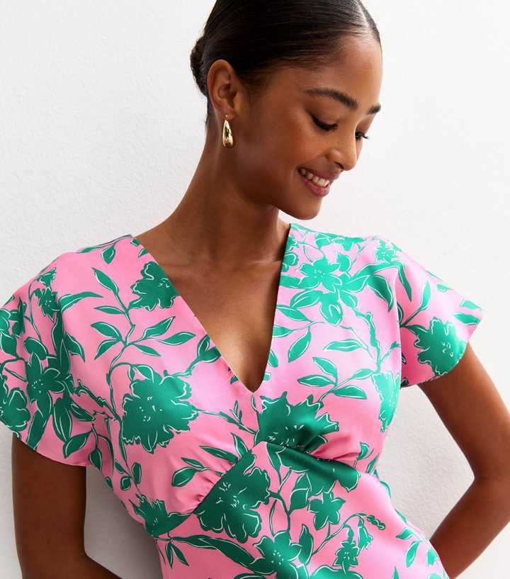 pink and green summer dress Floral Print Satin V-Neck Midi pink and green dress zara
