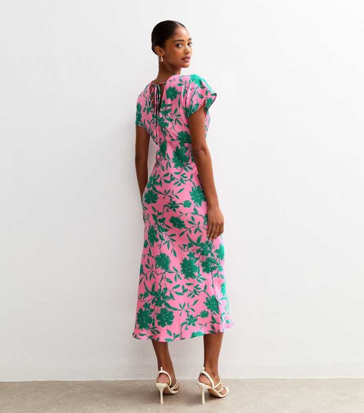 Pink Floral Print Satin V-Neck Midi Dress | New Look Pink Floral Print Satin V-Neck Midi Dress | New Look