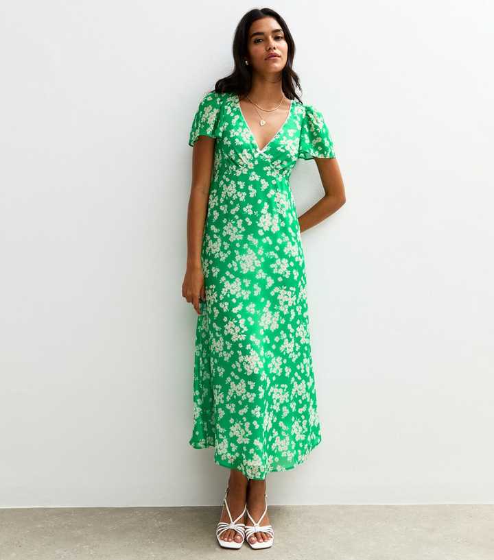 slim fit dress slacks Green Floral Short Sleeve Midi Dress - All Dresses main image 0