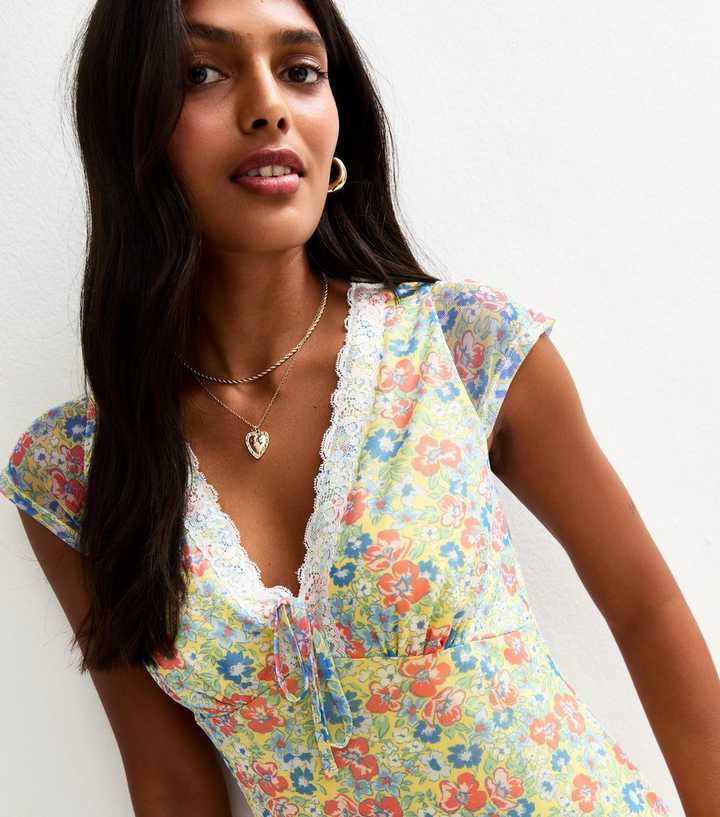 Yellow Floral Print Mesh Midi Dress | New Look