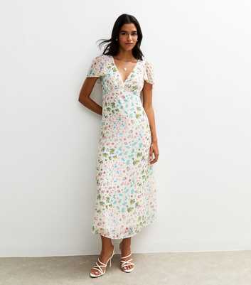 White Floral Print Chiffon Midi Dress
