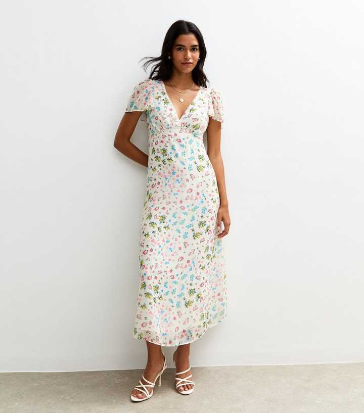 White Floral Print Chiffon Midi Dress