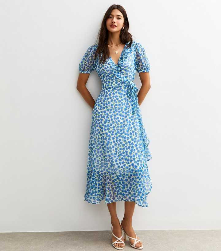 Blue Floral Print Chiffon Wrap Midi Dress