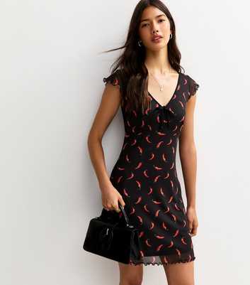 Black Chilli Print V-Neck Mesh Mini Dress