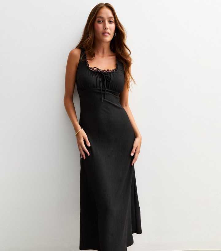 Black Crinkled Texture Lace Trim Milkmaid Midi Dress | New Look