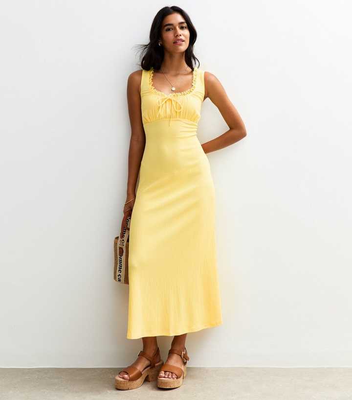 Yellow Crinkled Texture Lace Trim Milkmaid Midi Dress
