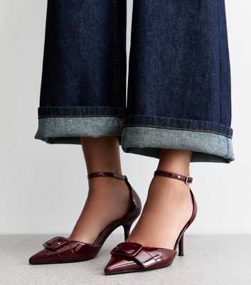 Dark Burgundy Faux Patent Leather Buckle Strap Open Court Shoes