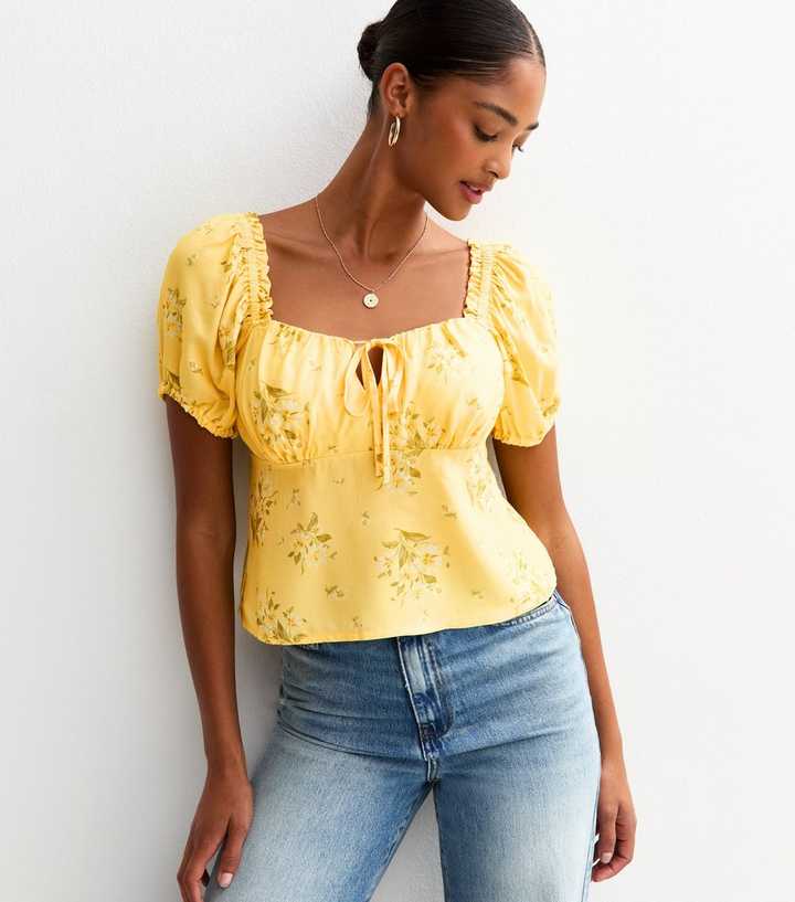 Yellow Floral Print Milkmaid Top