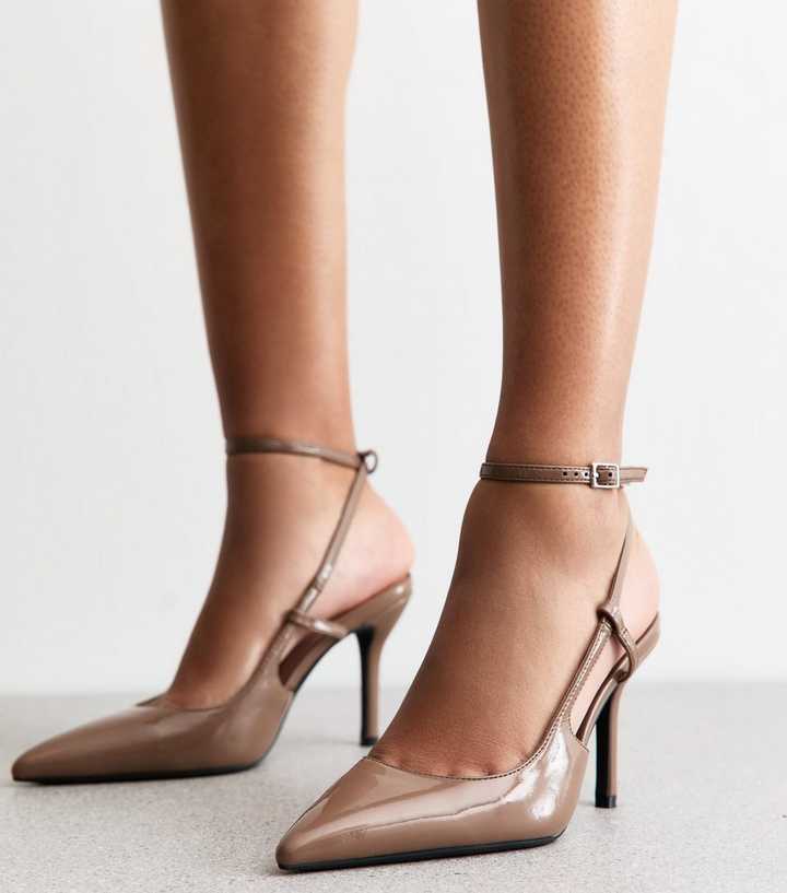 Mink Faux Patent Leather Cut Out Pointed Toe Slingback Pumps